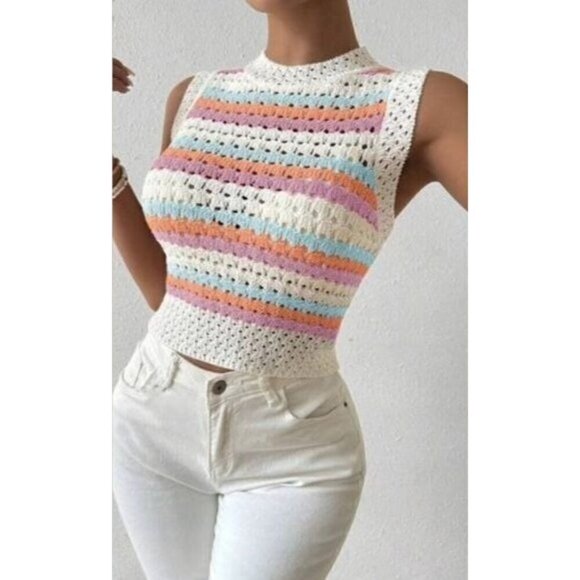 Multicolor Contrast Stripe Hollow Out Sleeveless Knitted Top - Picture 1 of 5